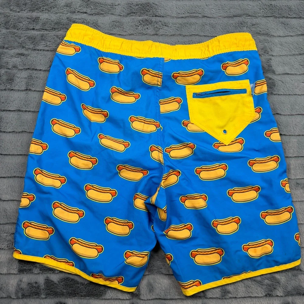 Baseballism Hot Dog Print Swim Trunks Mens Medium Blue Yellow Board Shorts